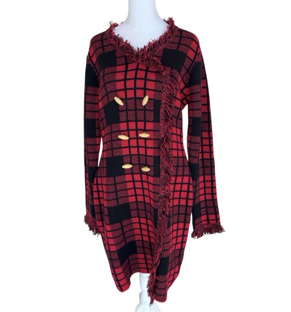 Venus Red Black Buffalo Check Fringe Button Sweater Dress L Academic Holiday